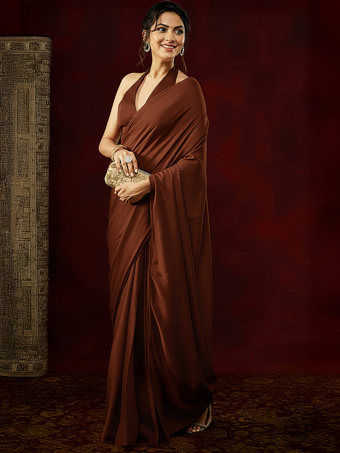 Janasya Women's Rust Satin Ready To Wear Saree with Unstitched Blouse
