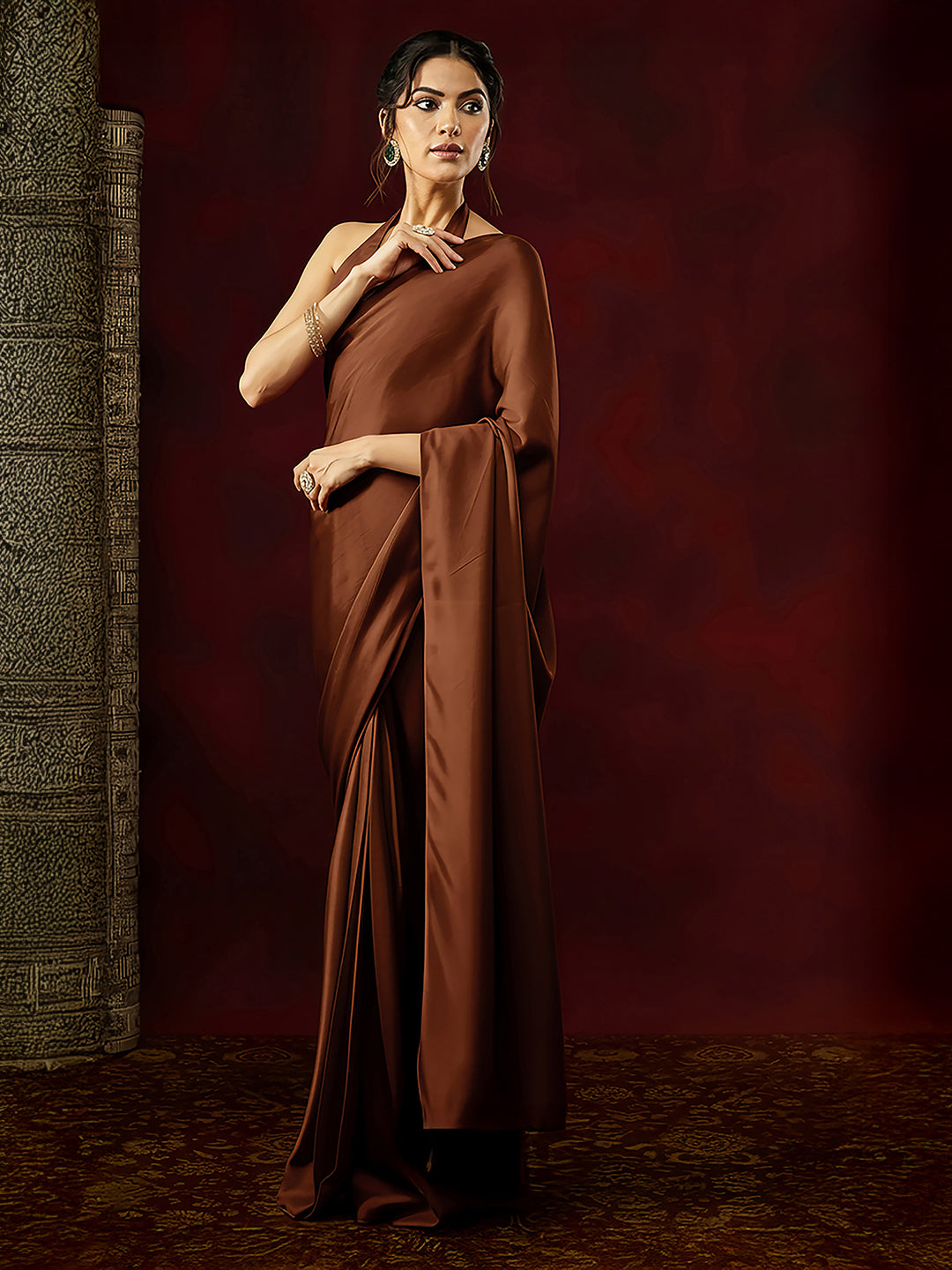 Janasya Women's Rust Satin Ready To Wear Saree with Unstitched Blouse