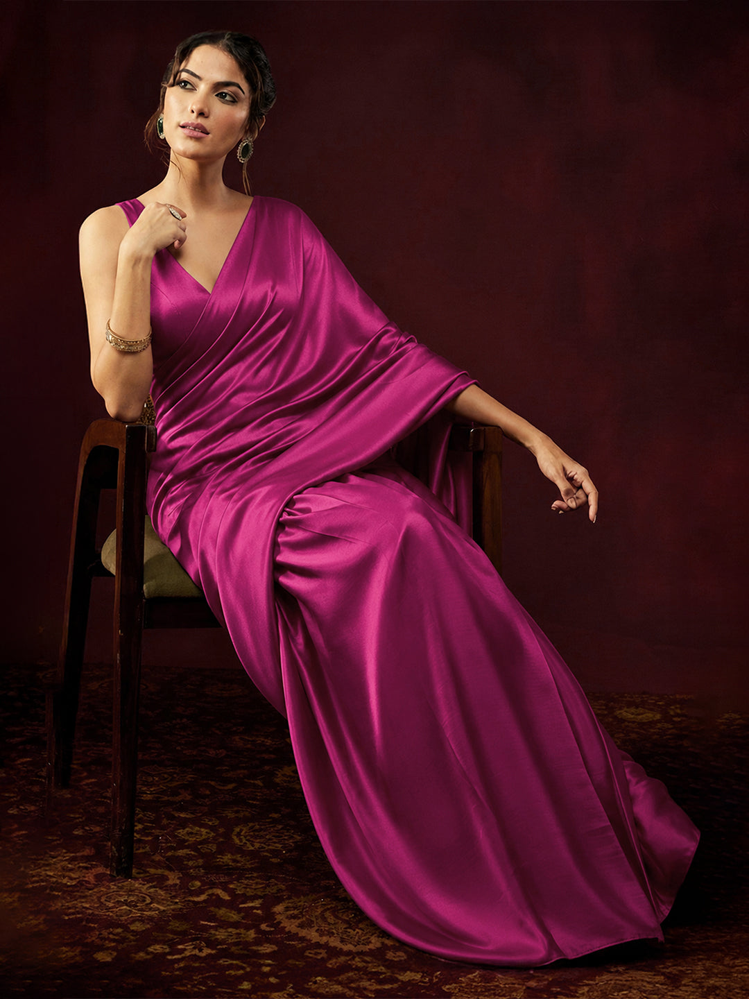 Janasya Women's Pink Satin One-Minute Ready-to-Wear Embellished Saree with Unstitched Blouse