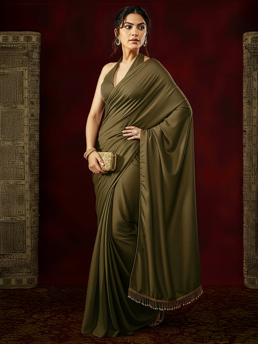 Janasya Women's Olive Satin Ready To Wear Embellished Saree with Unstitched Blouse