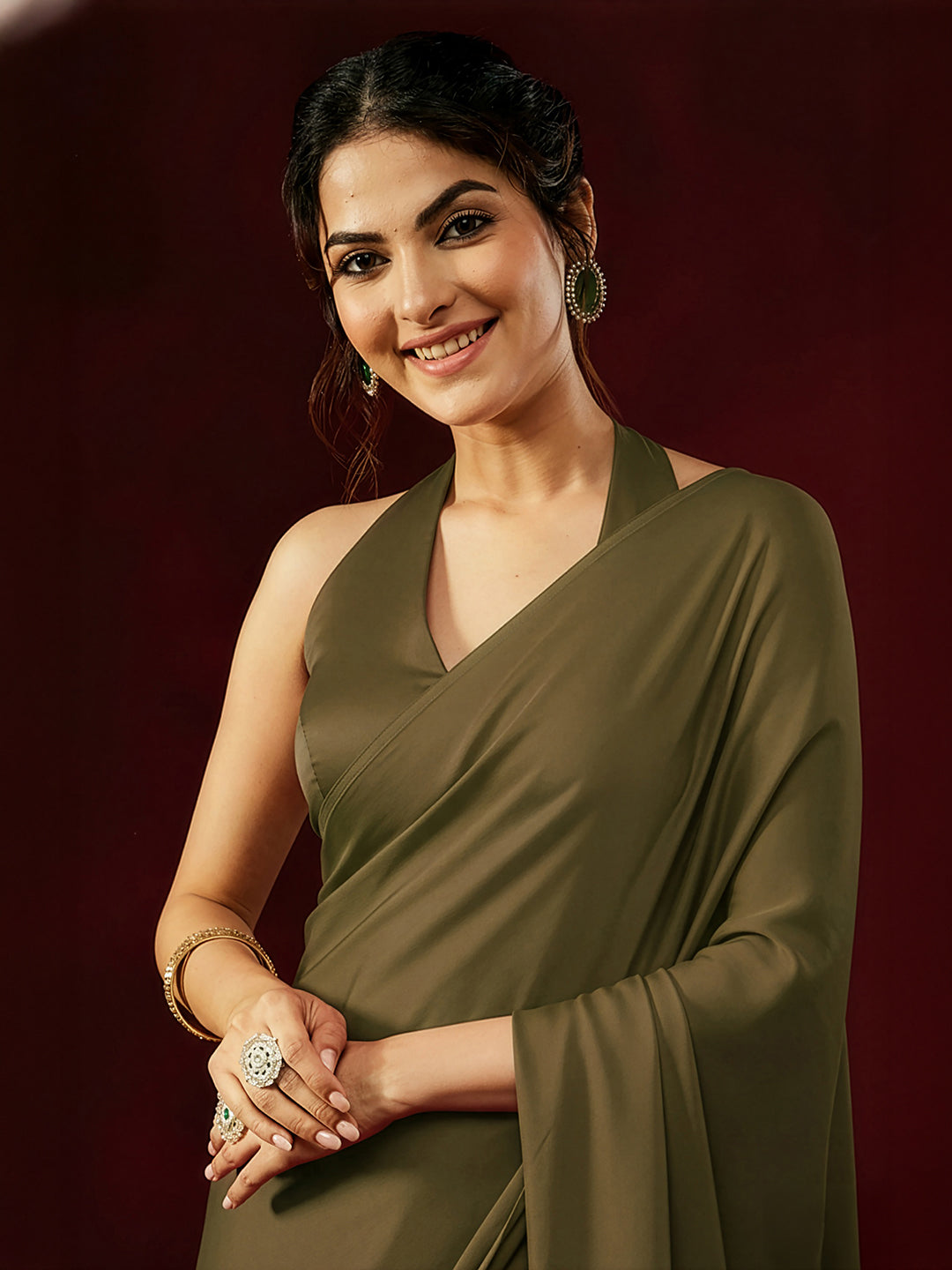 Janasya Women's Olive Satin Ready To Wear Embellished Saree with Unstitched Blouse