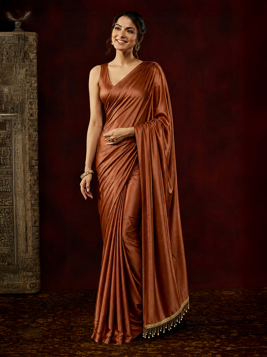 Janasya Women's Brown Satin One-Minute Ready-to-Wear Embellished Saree with Unstitched Blouse