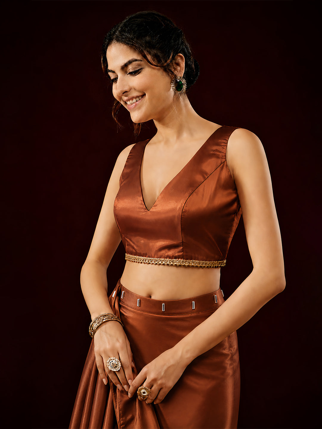 Janasya Women's Brown Satin One-Minute Ready-to-Wear Embellished Saree with Unstitched Blouse