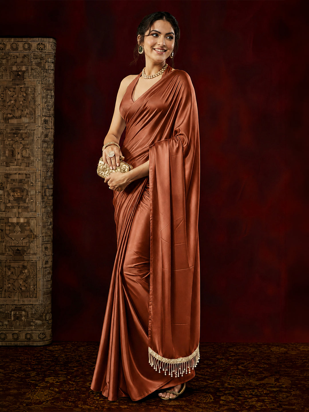 Janasya Women's Brown Satin One-Minute Ready-to-Wear Embellished Saree with Unstitched Blouse