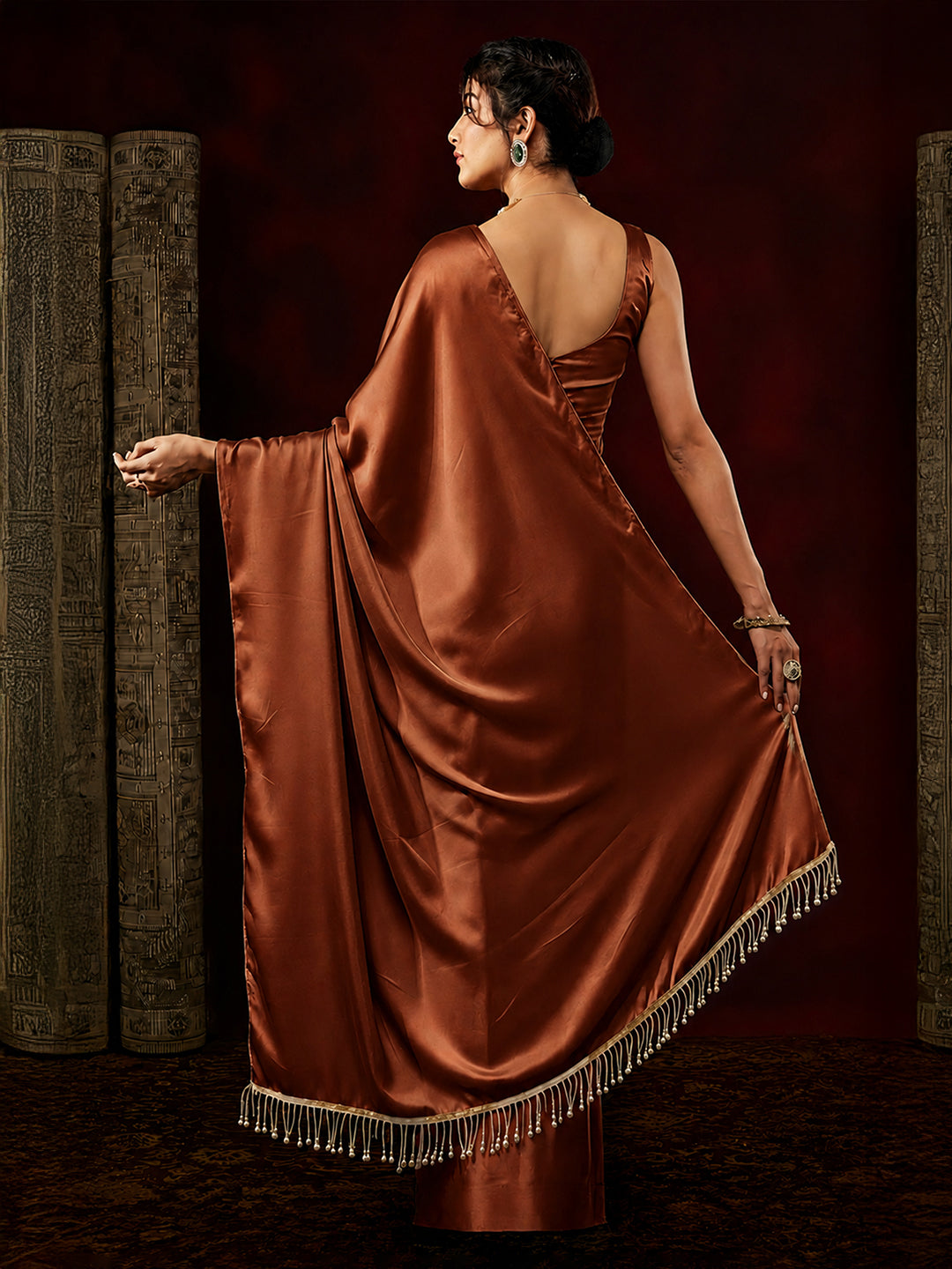 Janasya Women's Brown Satin One-Minute Ready-to-Wear Embellished Saree with Unstitched Blouse