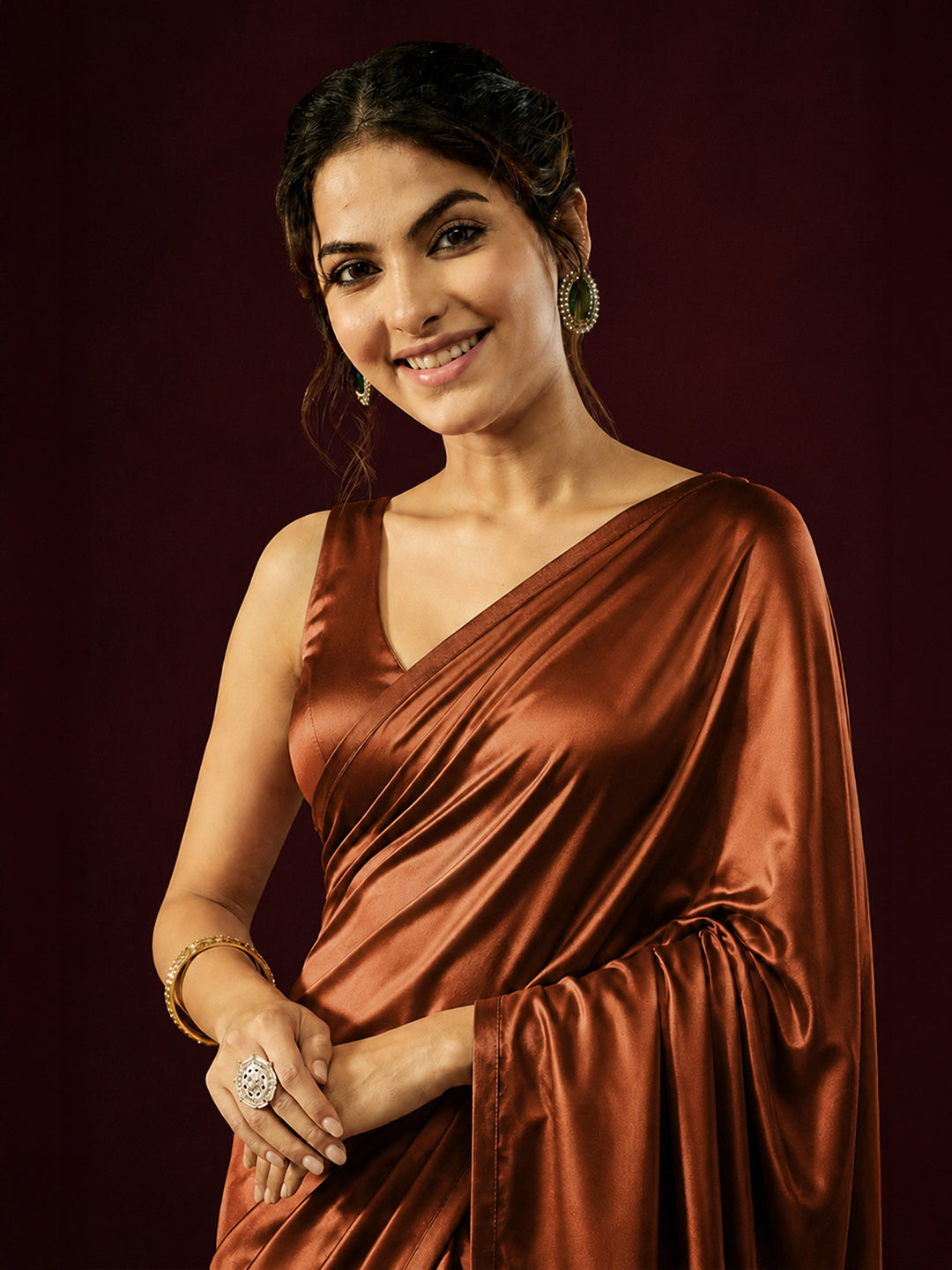 Janasya Women's Brown Satin One-Minute Ready-to-Wear Embellished Saree with Unstitched Blouse
