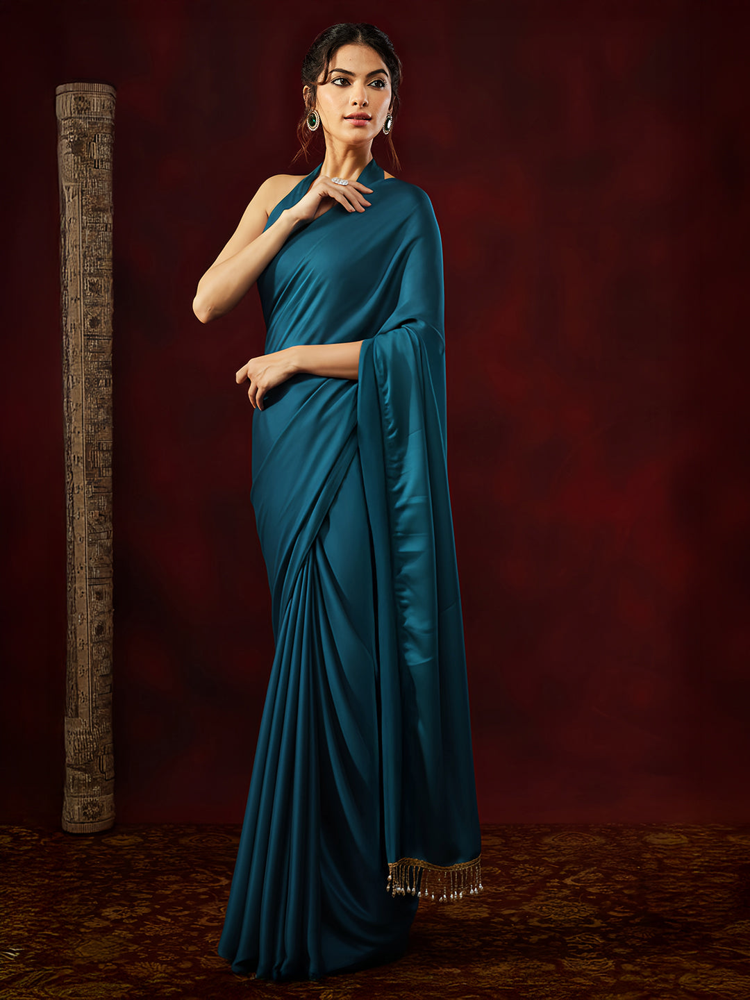Janasya Women's Turquoise Satin Ready To Wear Embellished Saree with Unstitched Blouse
