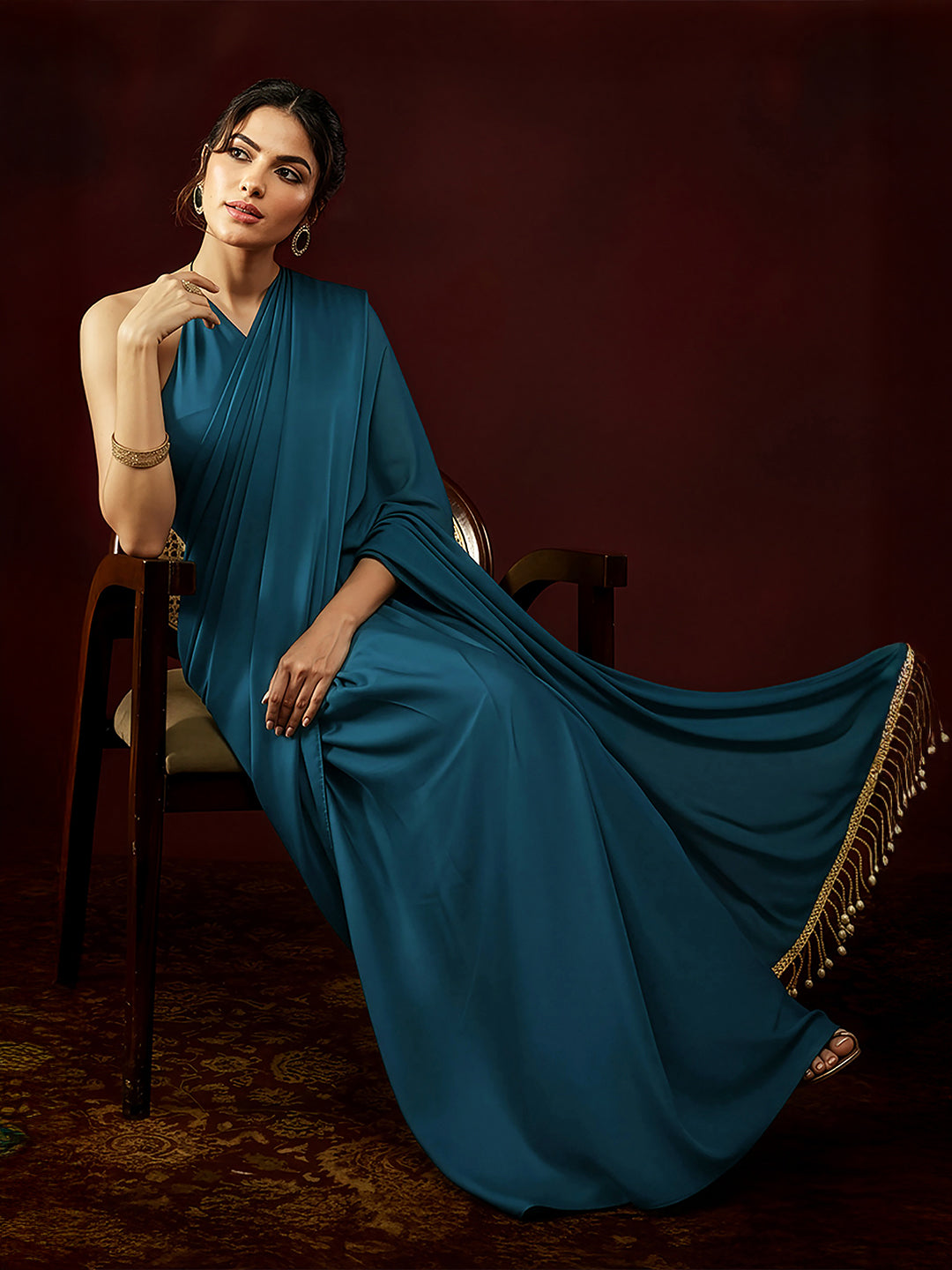 Janasya Women's Turquoise Satin Ready To Wear Embellished Saree with Unstitched Blouse