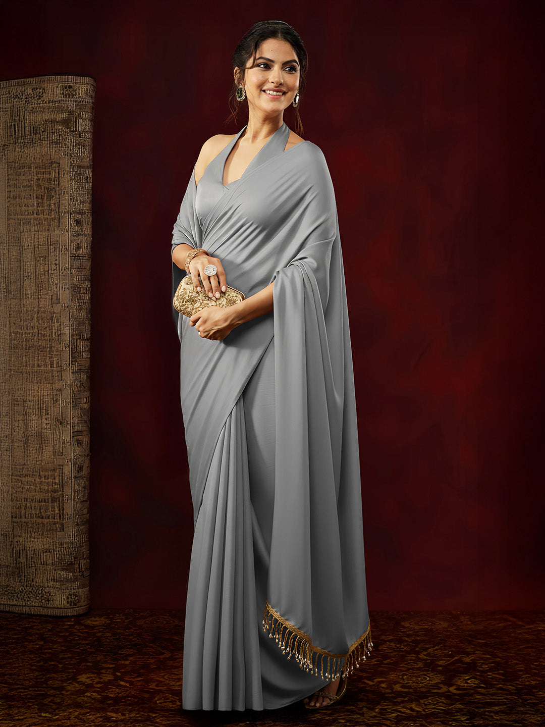 Janasya Women's Grey Satin Ready To Wear Embellished Saree with Unstitched Blouse