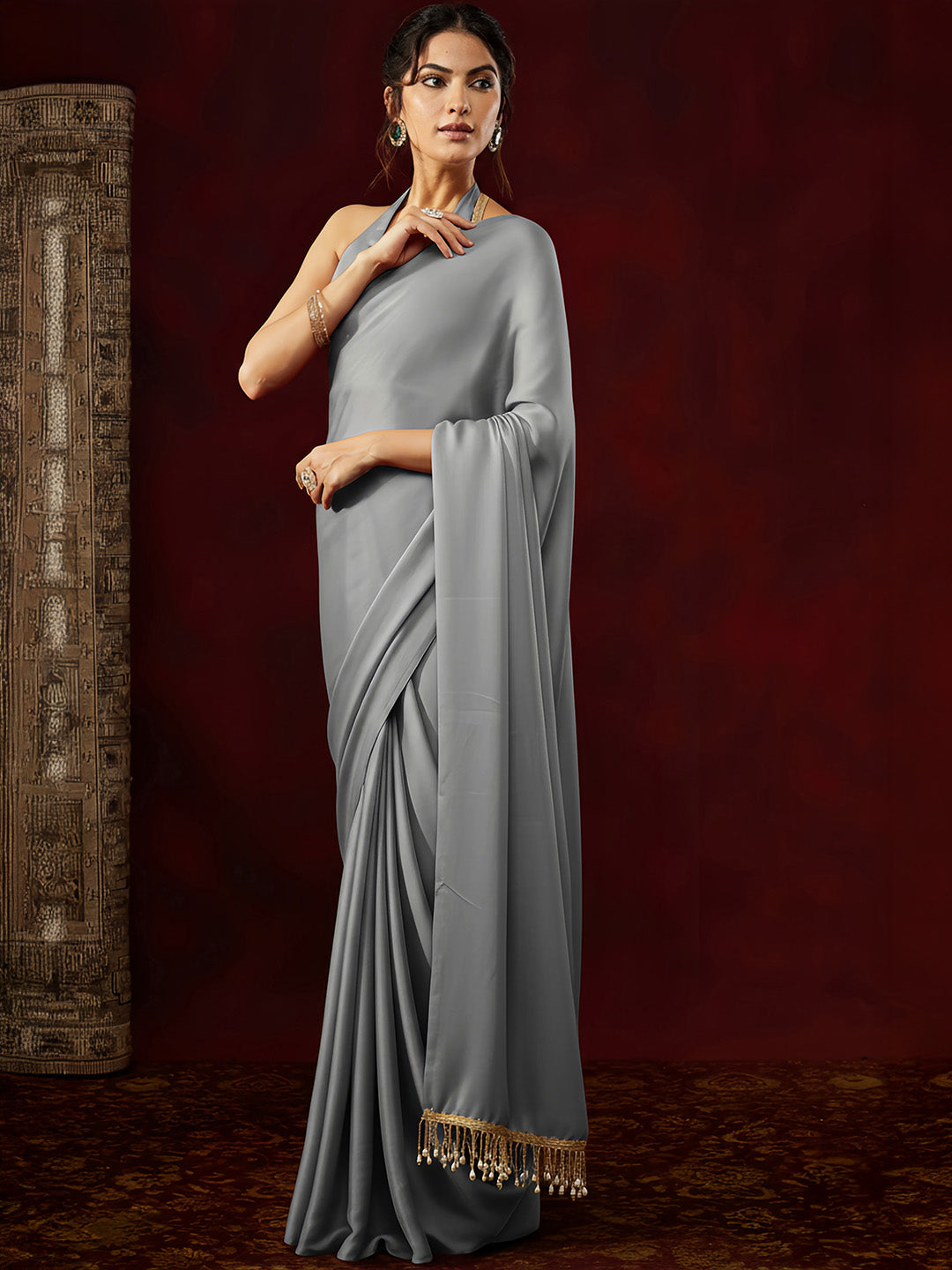 Janasya Women's Grey Satin Ready To Wear Embellished Saree with Unstitched Blouse