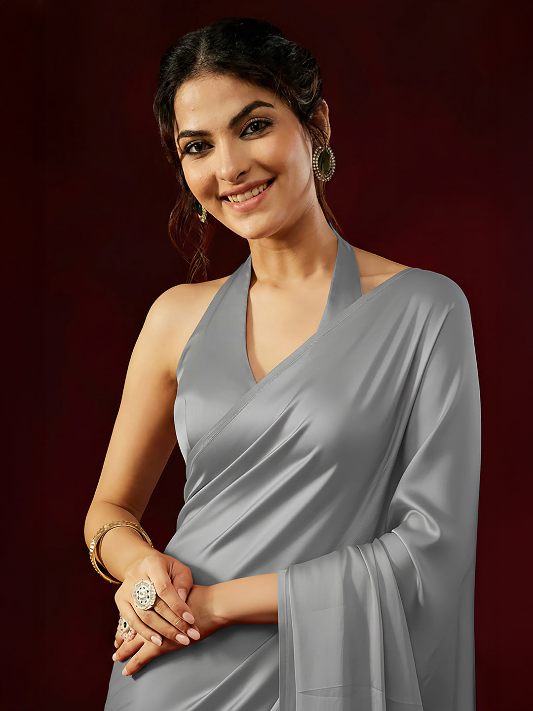 Janasya Women's Grey Satin Ready To Wear Embellished Saree with Unstitched Blouse