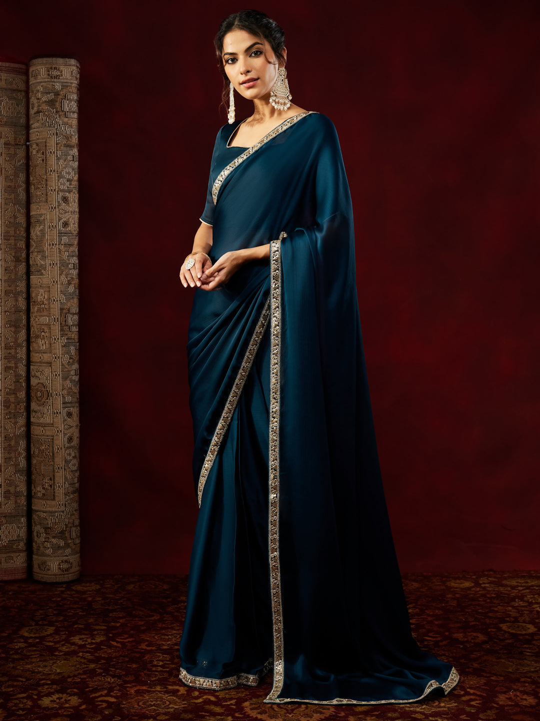 Janasya Women's Teal Blue Silk Blend Ready To Wear Embellished Saree with Unstitched Blouse