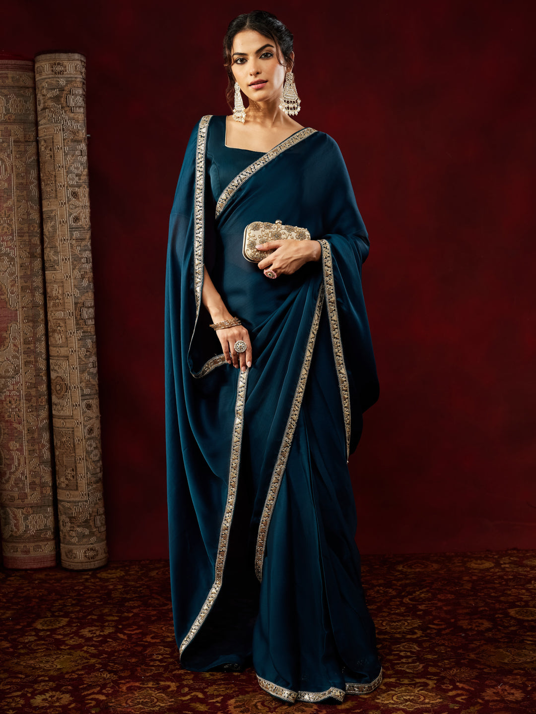 Janasya Women's Teal Blue Silk Blend Ready To Wear Embellished Saree with Unstitched Blouse
