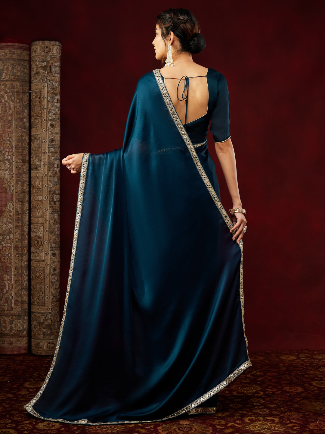 Janasya Women's Teal Blue Silk Blend Ready To Wear Embellished Saree with Unstitched Blouse