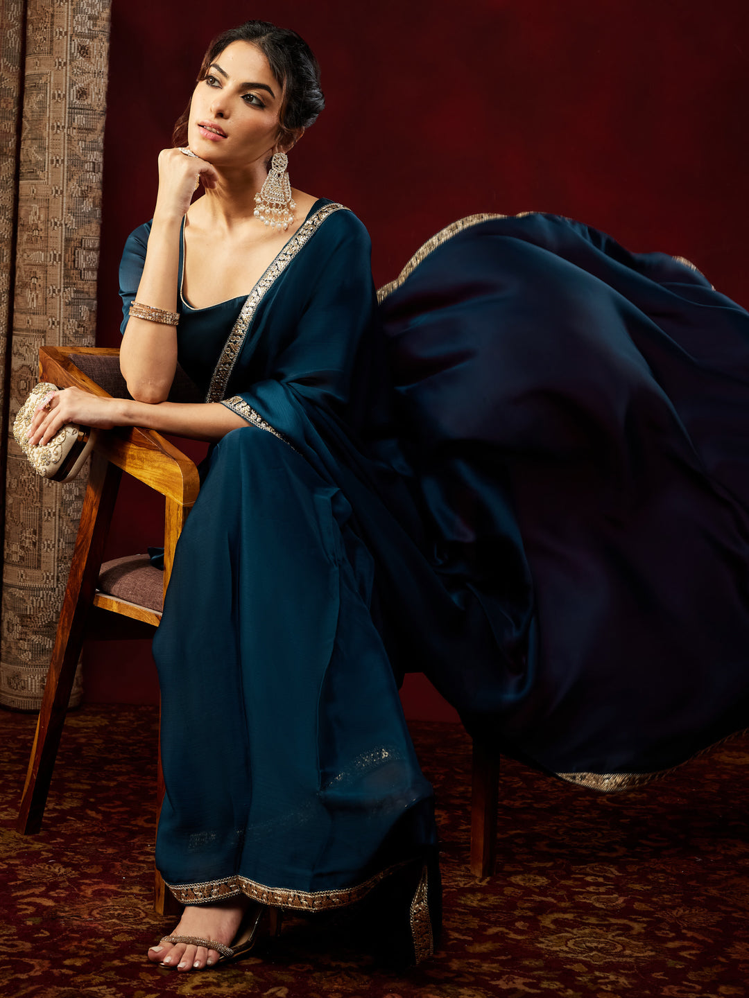 Janasya Women's Teal Blue Silk Blend Ready To Wear Embellished Saree with Unstitched Blouse