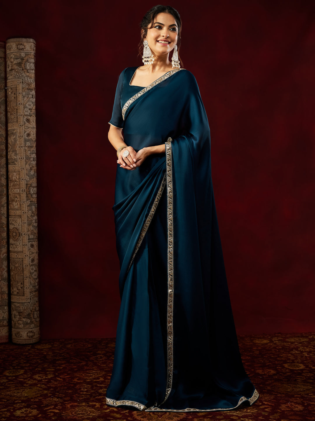 Janasya Women's Teal Blue Silk Blend Ready To Wear Embellished Saree with Unstitched Blouse