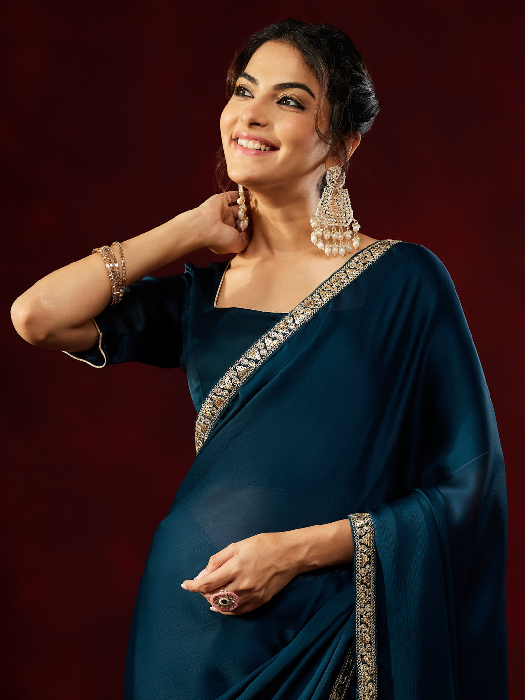 Janasya Women's Teal Blue Silk Blend Ready To Wear Embellished Saree with Unstitched Blouse