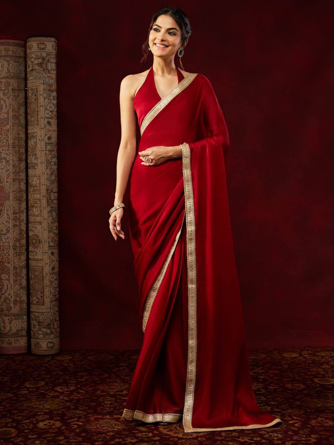Janasya Women's Red Silk Blend Ready To Wear Embellished Saree with Unstitched Blouse