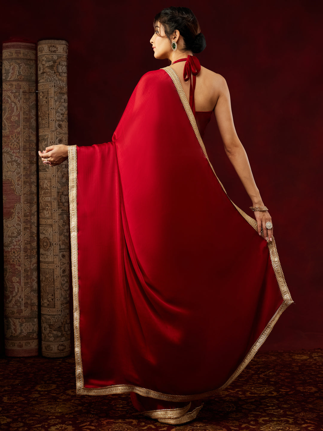 Janasya Women's Red Silk Blend Ready To Wear Embellished Saree with Unstitched Blouse