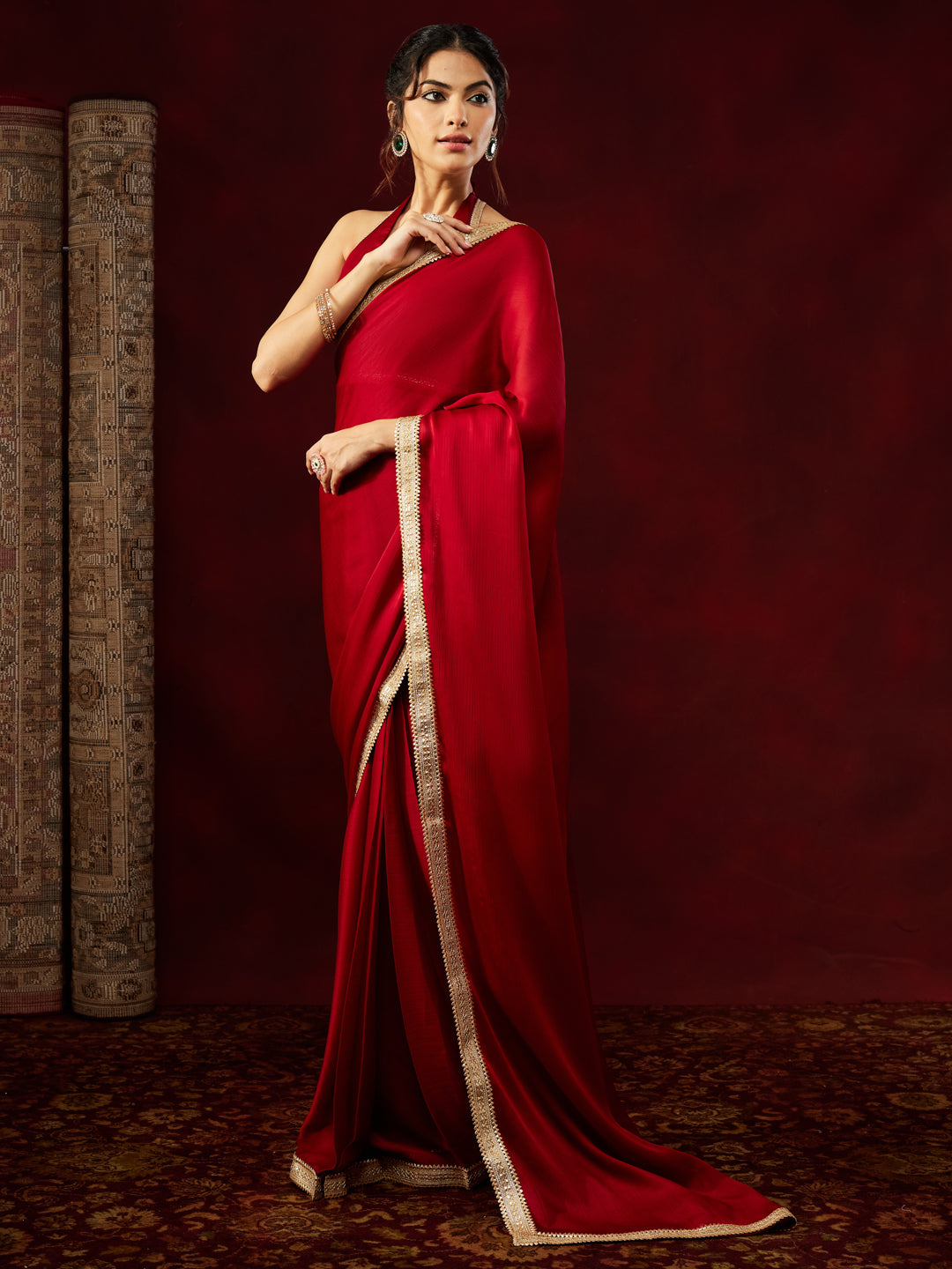 Janasya Women's Red Silk Blend Ready To Wear Embellished Saree with Unstitched Blouse