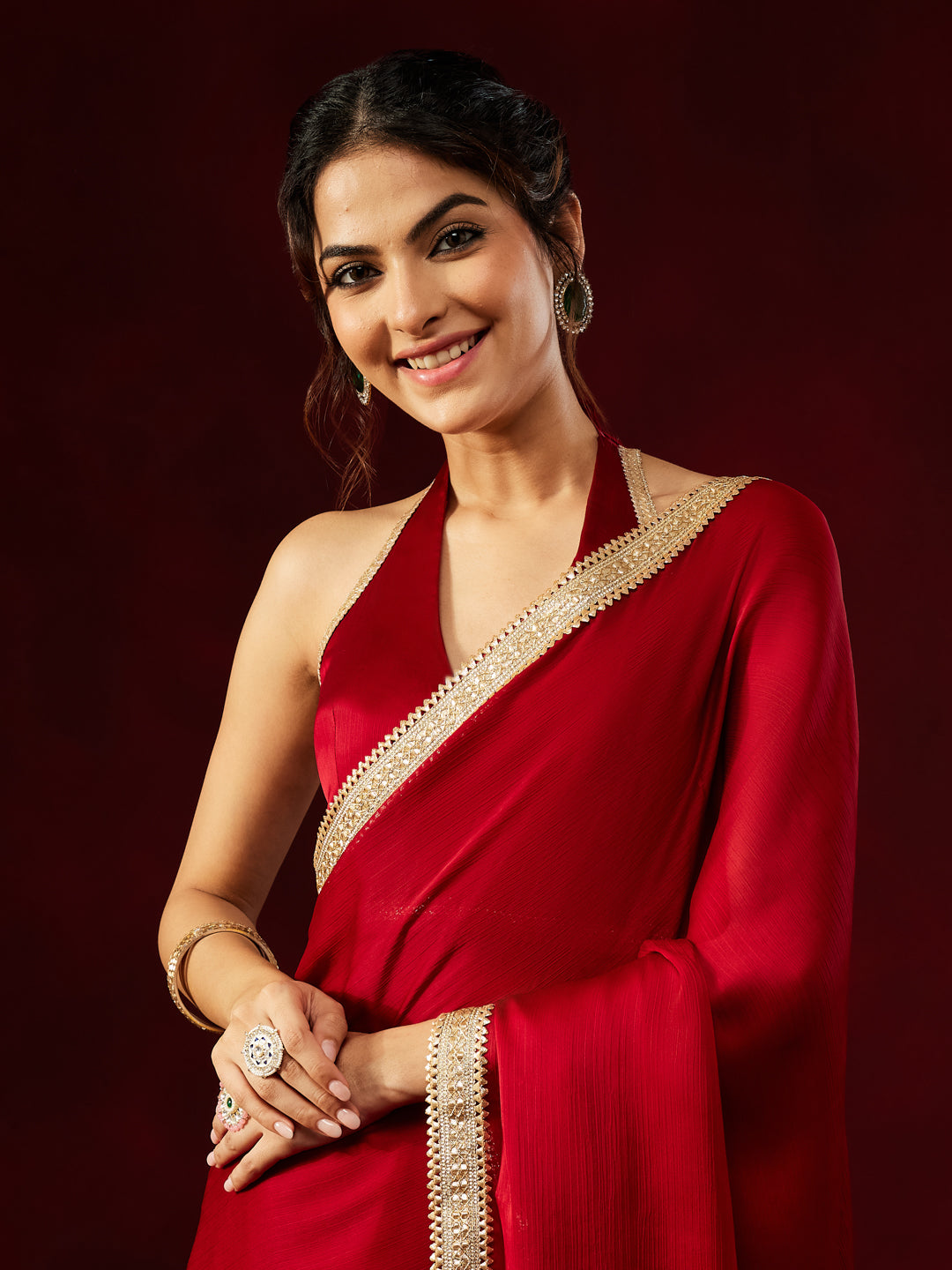 Janasya Women's Red Silk Blend Ready To Wear Embellished Saree with Unstitched Blouse
