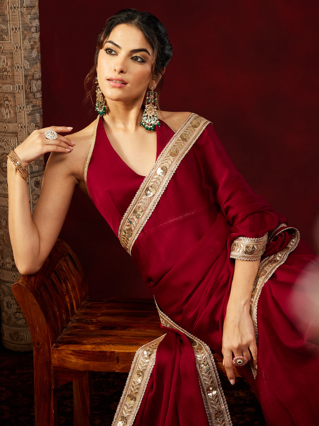 Janasya Women's Maroon Silk Blend Ready To Wear Embellished Saree with Unstitched Blouse