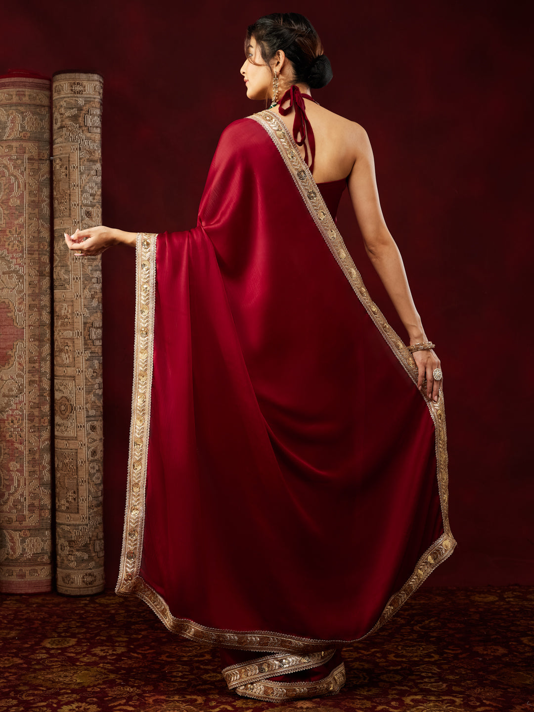 Janasya Women's Maroon Silk Blend Ready To Wear Embellished Saree with Unstitched Blouse