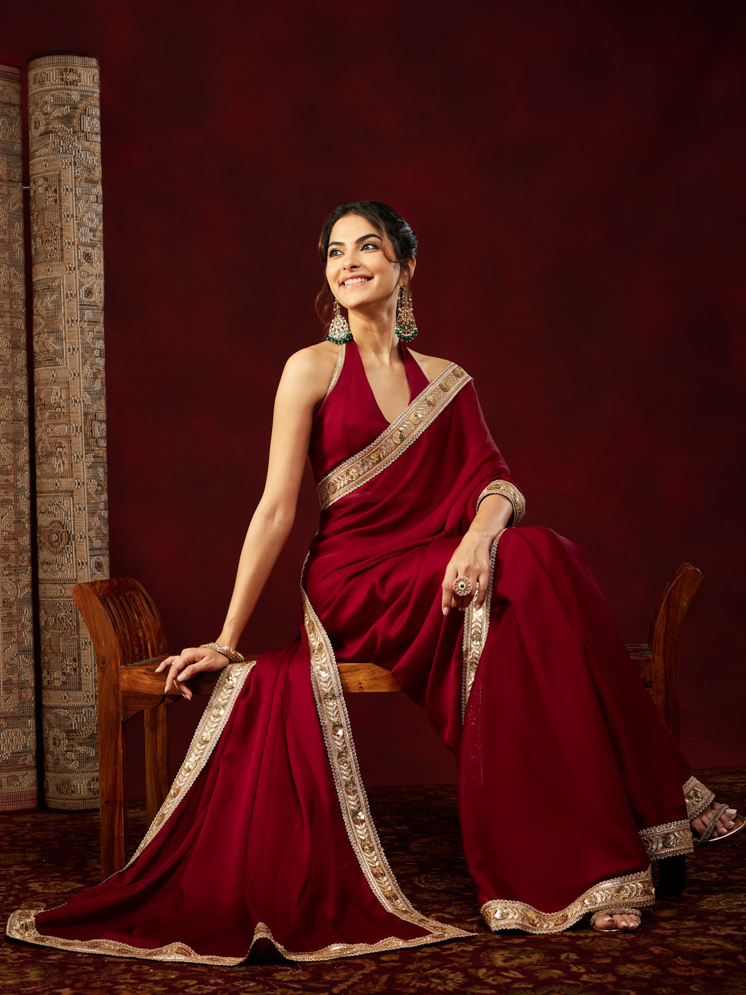 Janasya Women's Maroon Silk Blend Ready To Wear Embellished Saree with Unstitched Blouse