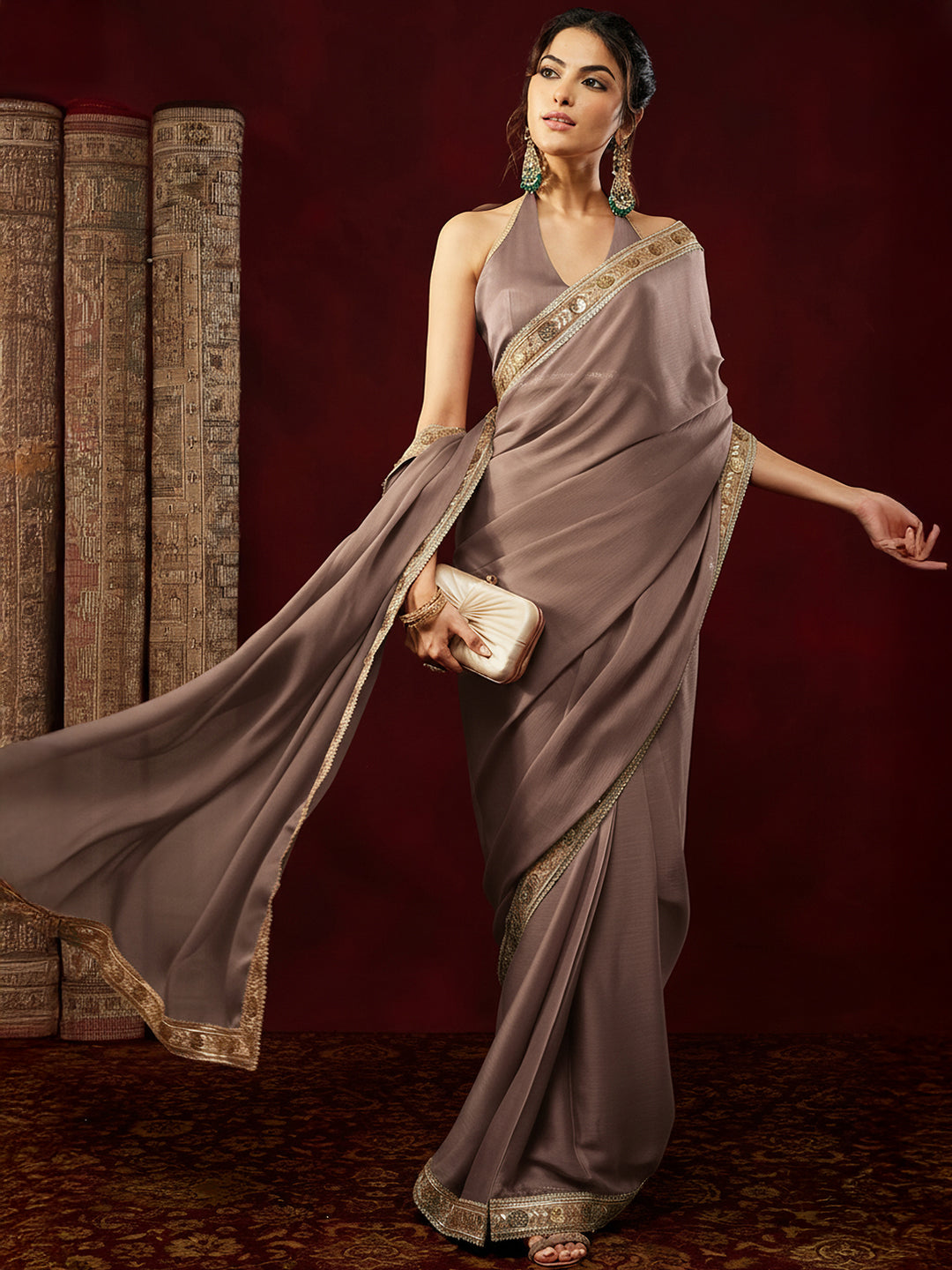 Janasya Women's Light Brown Silk Blend Ready To Wear Embellished Saree with Unstitched Blouse