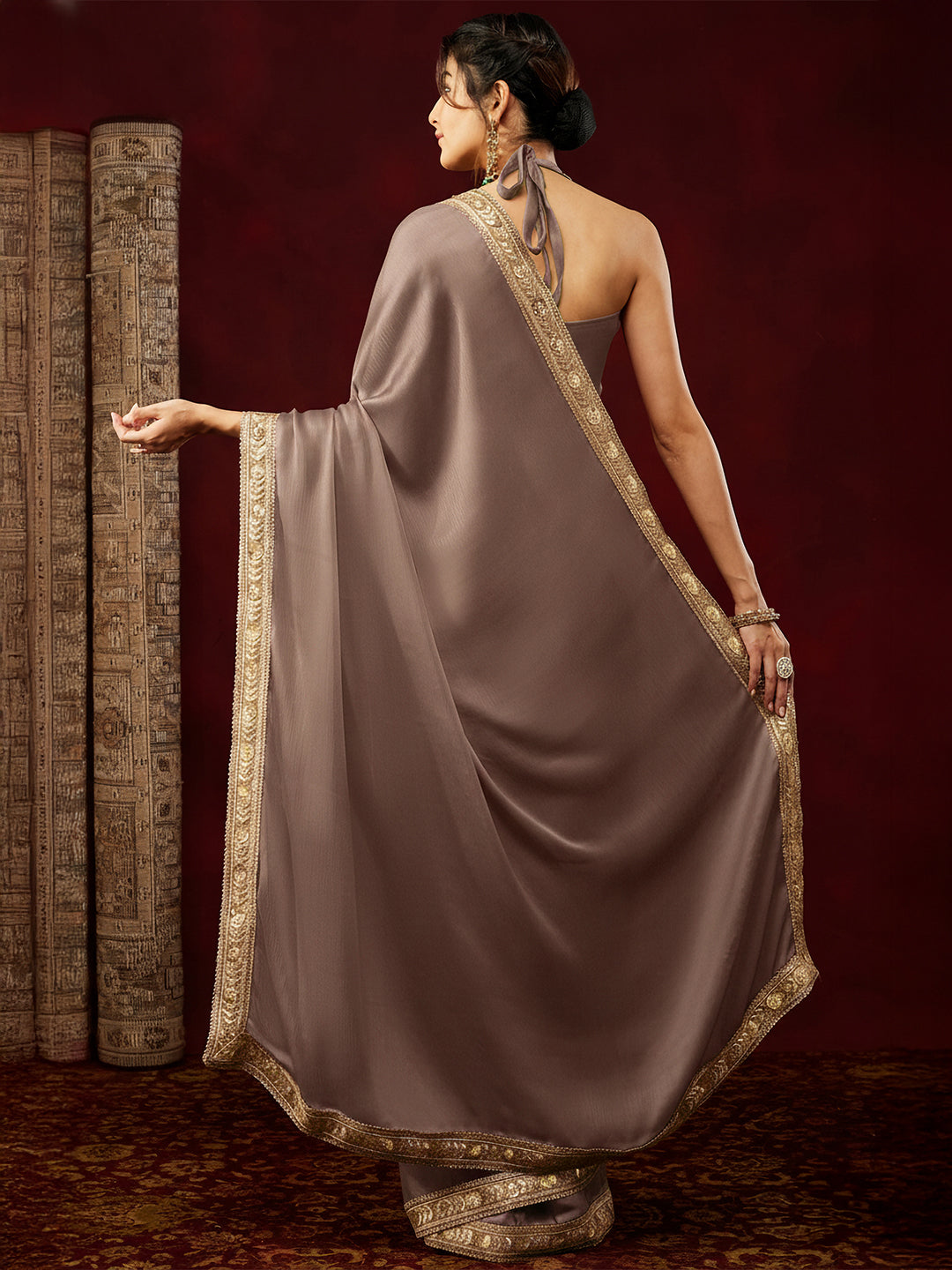 Janasya Women's Light Brown Silk Blend Ready To Wear Embellished Saree with Unstitched Blouse
