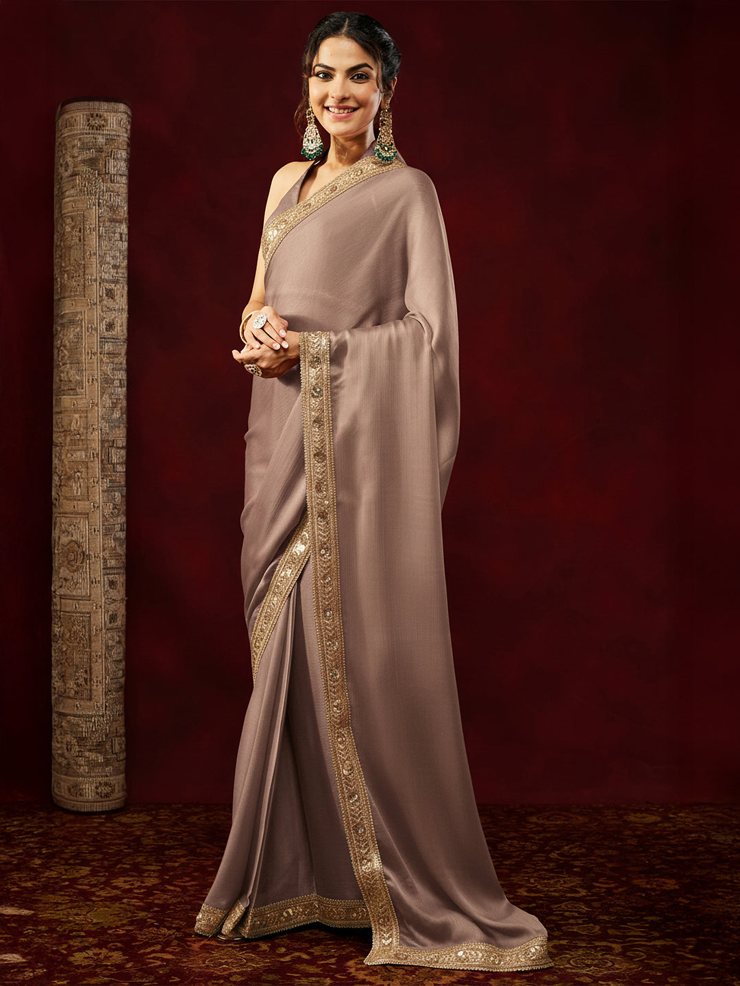 Janasya Women's Light Brown Silk Blend Ready To Wear Embellished Saree with Unstitched Blouse