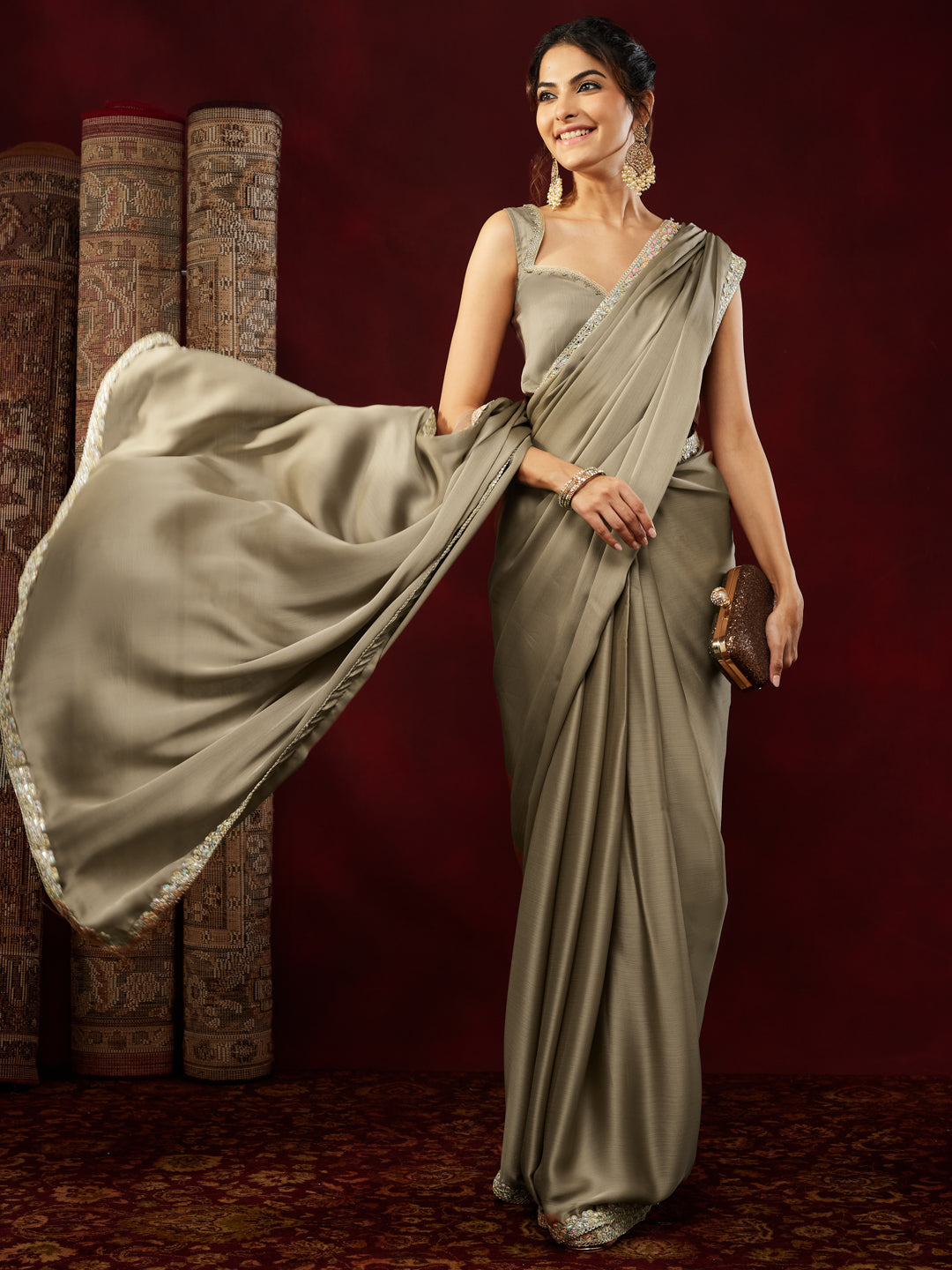 Janasya Women's Champagne Silk Blend Ready To Wear Embellished Saree with Unstitched Blouse