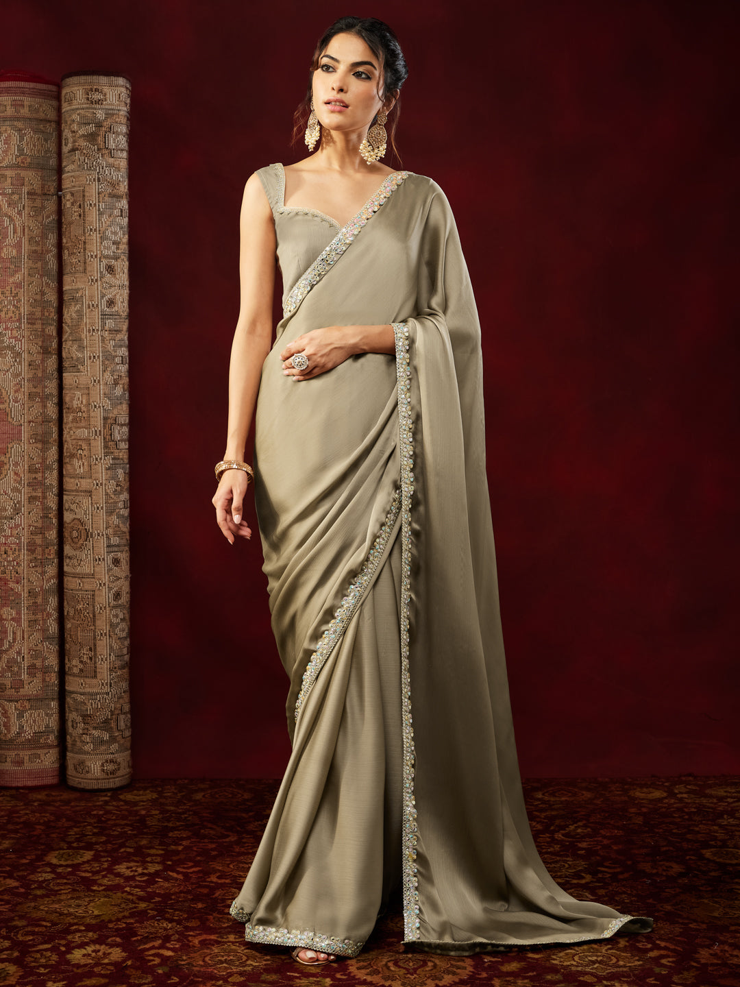 Janasya Women's Champagne Silk Blend Ready To Wear Embellished Saree with Unstitched Blouse