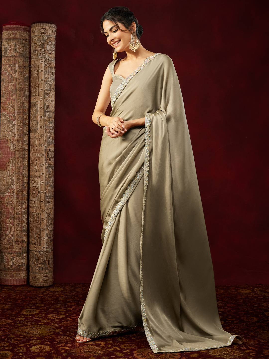 Janasya Women's Champagne Silk Blend Ready To Wear Embellished Saree with Unstitched Blouse