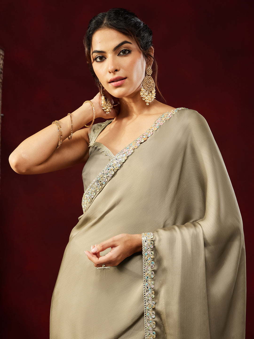 Janasya Women's Champagne Silk Blend Ready To Wear Embellished Saree with Unstitched Blouse