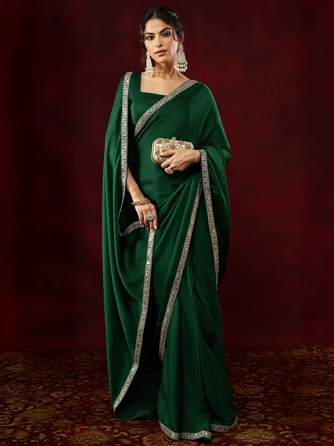 Janasya Women's Bottle Green Silk Blend One-Minute Ready-to-Wear Embellished Saree with Unstitched Blouse