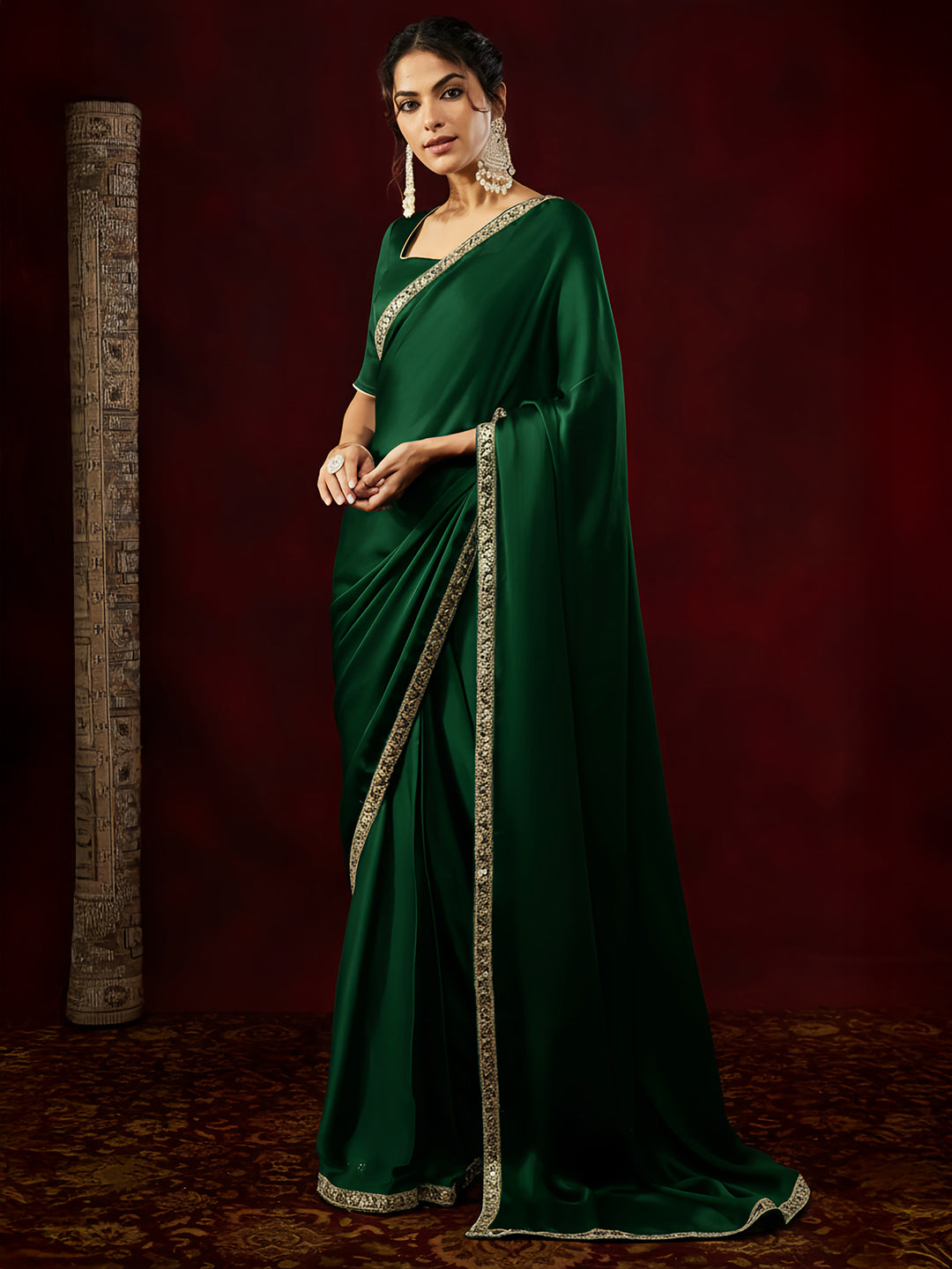 Janasya Women's Bottle Green Silk Blend One-Minute Ready-to-Wear Embellished Saree with Unstitched Blouse