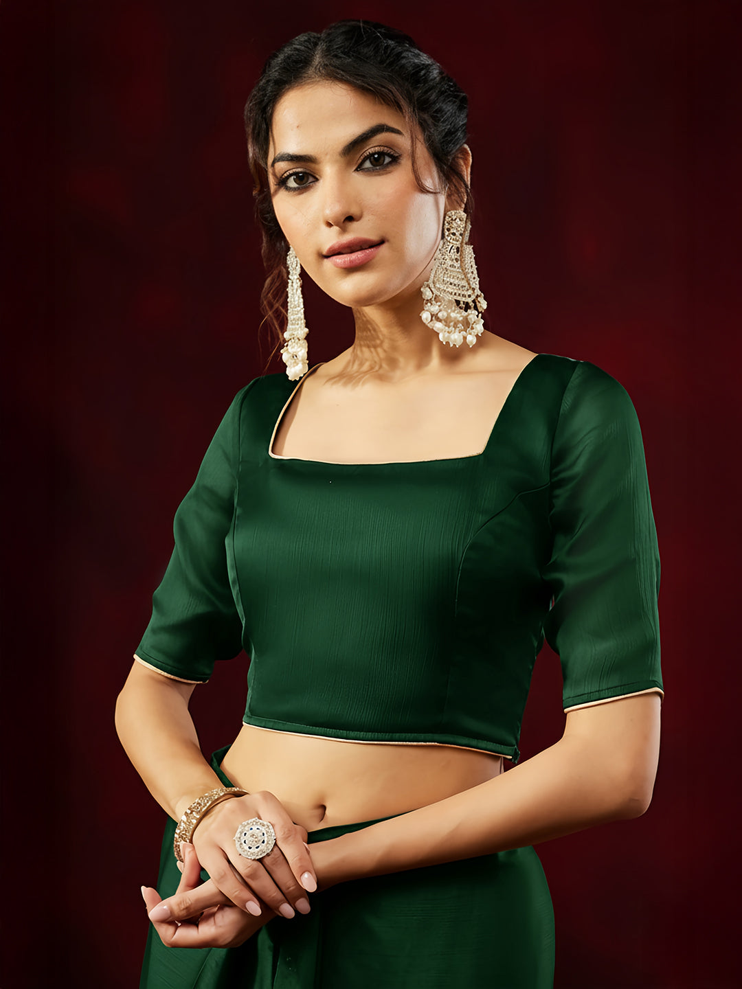 Janasya Women's Bottle Green Silk Blend One-Minute Ready-to-Wear Embellished Saree with Unstitched Blouse