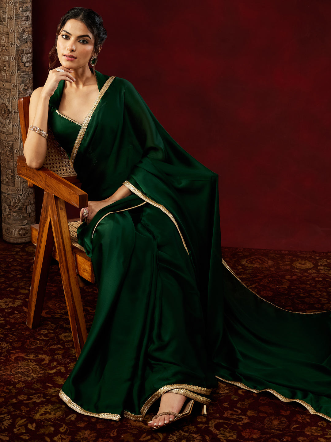 Janasya Women's Dark Green Silk Blend Ready To Wear Embellished Saree with Unstitched Blouse
