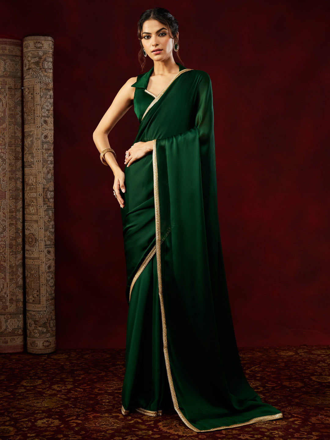 Janasya Women's Dark Green Silk Blend Ready To Wear Embellished Saree with Unstitched Blouse