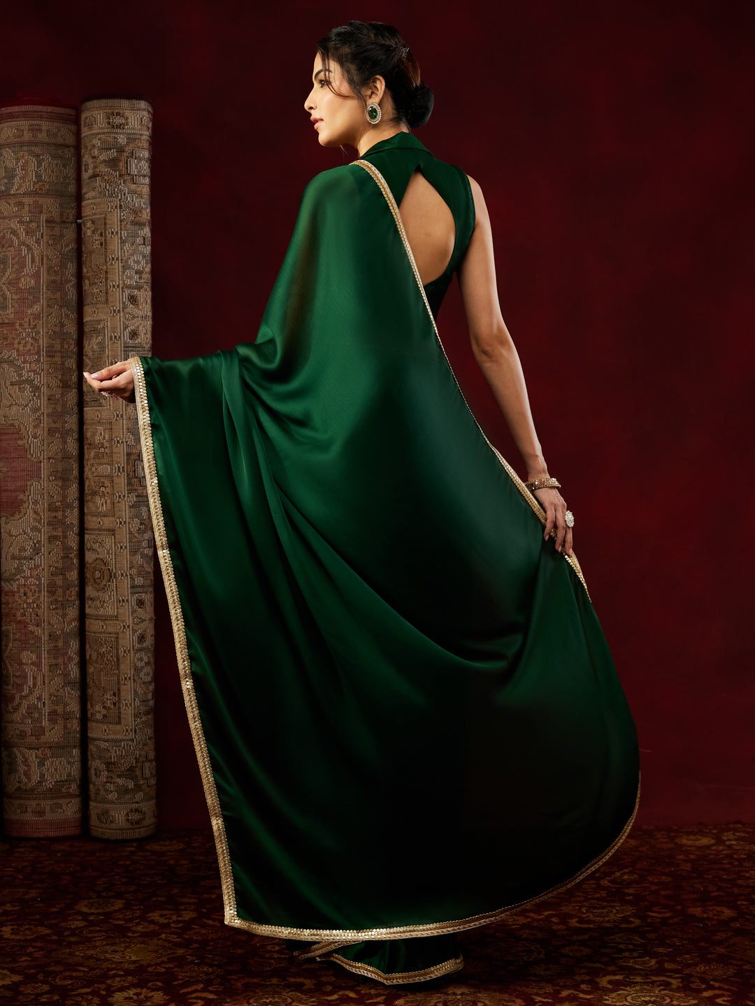 Janasya Women's Dark Green Silk Blend One-Minute Ready-to-Wear Embellished Saree with Unstitched Blouse