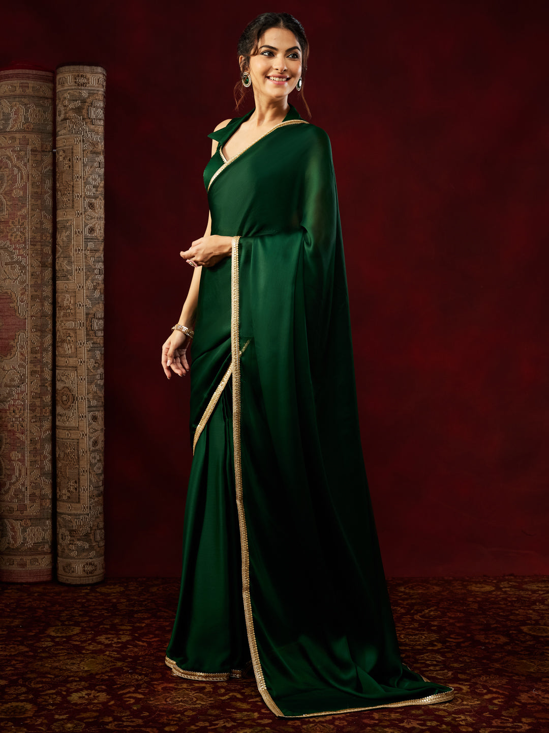 Janasya Women's Dark Green Silk Blend Ready To Wear Embellished Saree with Unstitched Blouse