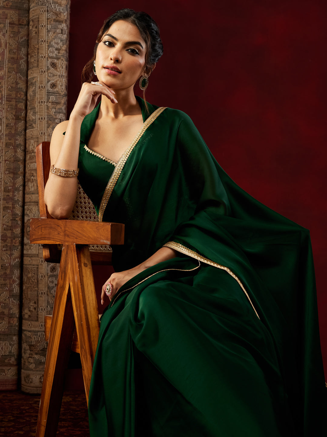 Janasya Women's Dark Green Silk Blend One-Minute Ready-to-Wear Embellished Saree with Unstitched Blouse