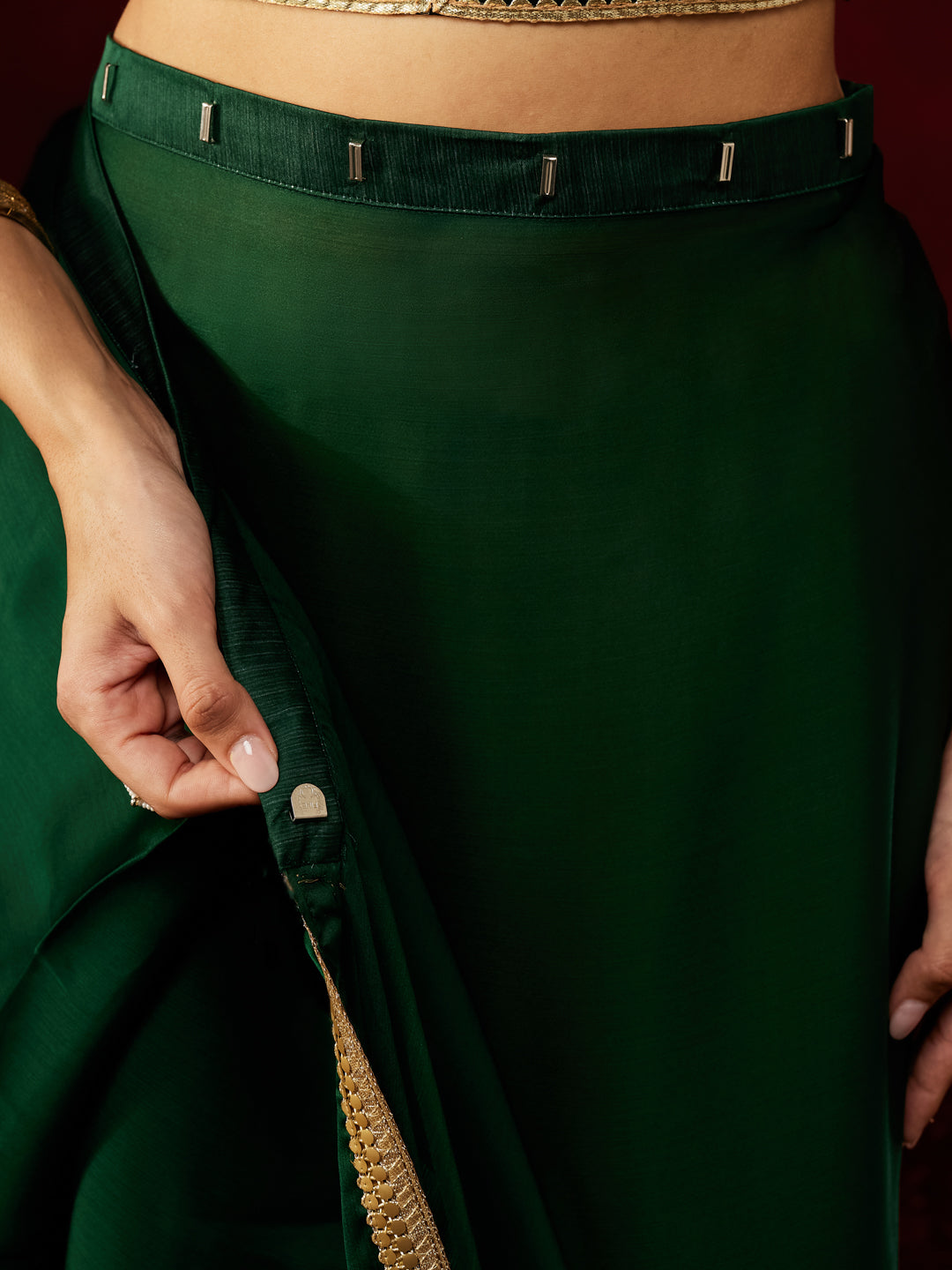Janasya Women's Dark Green Silk Blend One-Minute Ready-to-Wear Embellished Saree with Unstitched Blouse