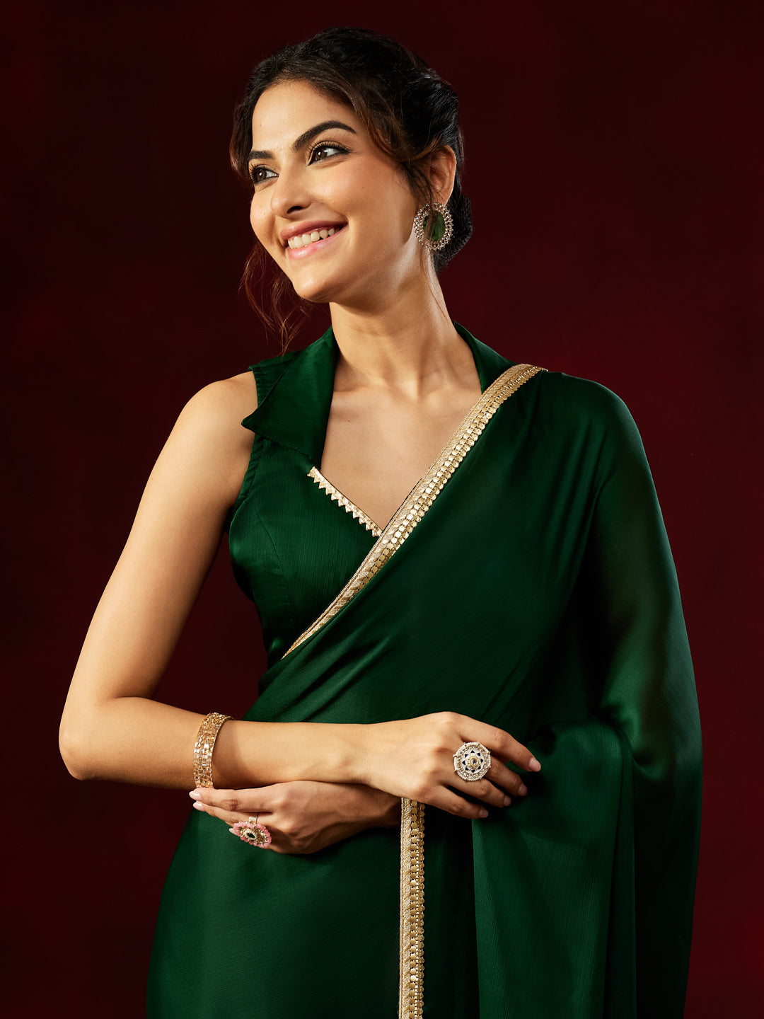 Janasya Women's Dark Green Silk Blend Ready To Wear Embellished Saree with Unstitched Blouse