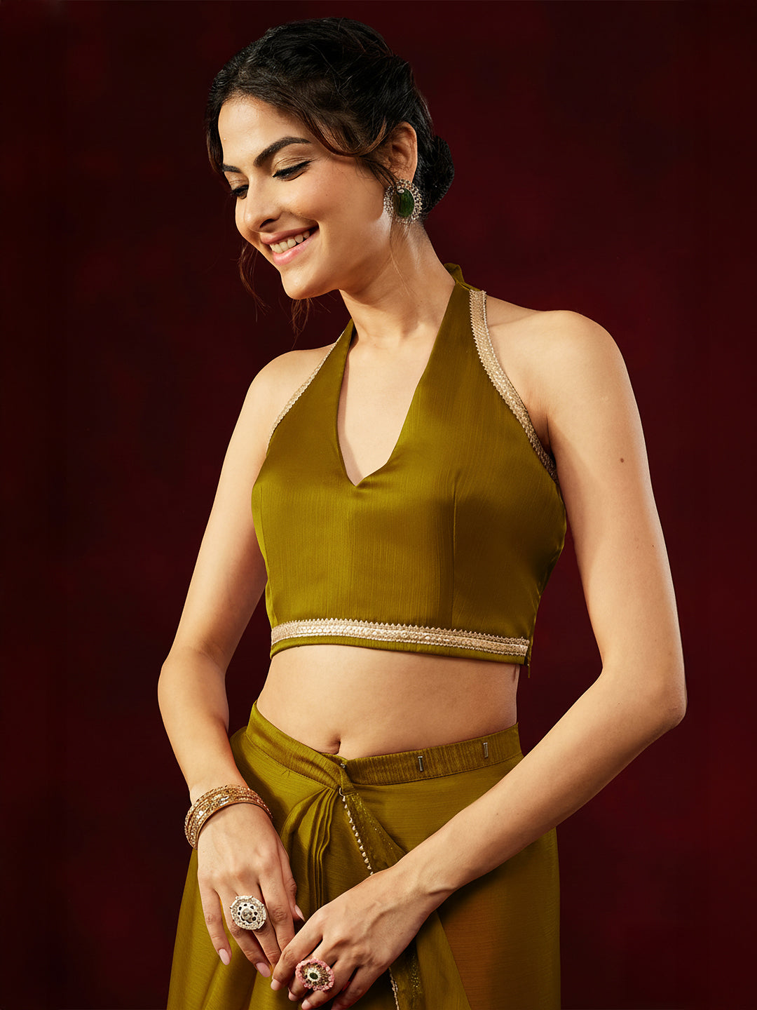 Janasya Women's Mustard Silk Blend Ready To Wear Embellished Saree with Unstitched Blouse