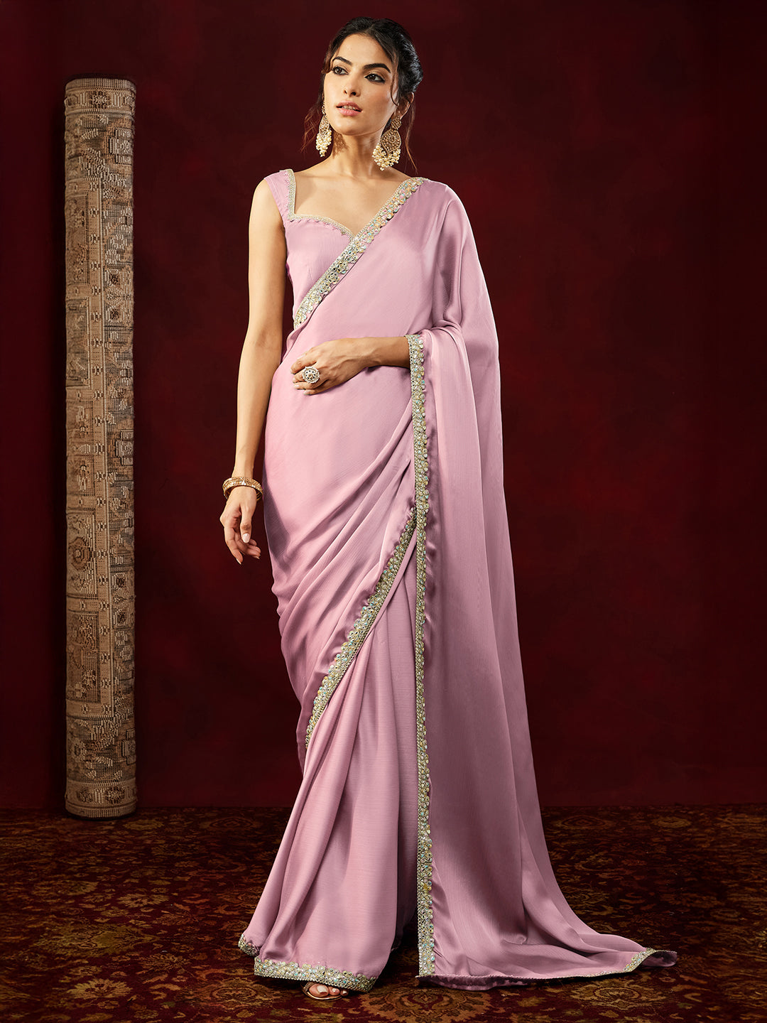 Janasya Women's Powder Pink Silk Blend Ready To Wear Embellished Saree with Unstitched Blouse