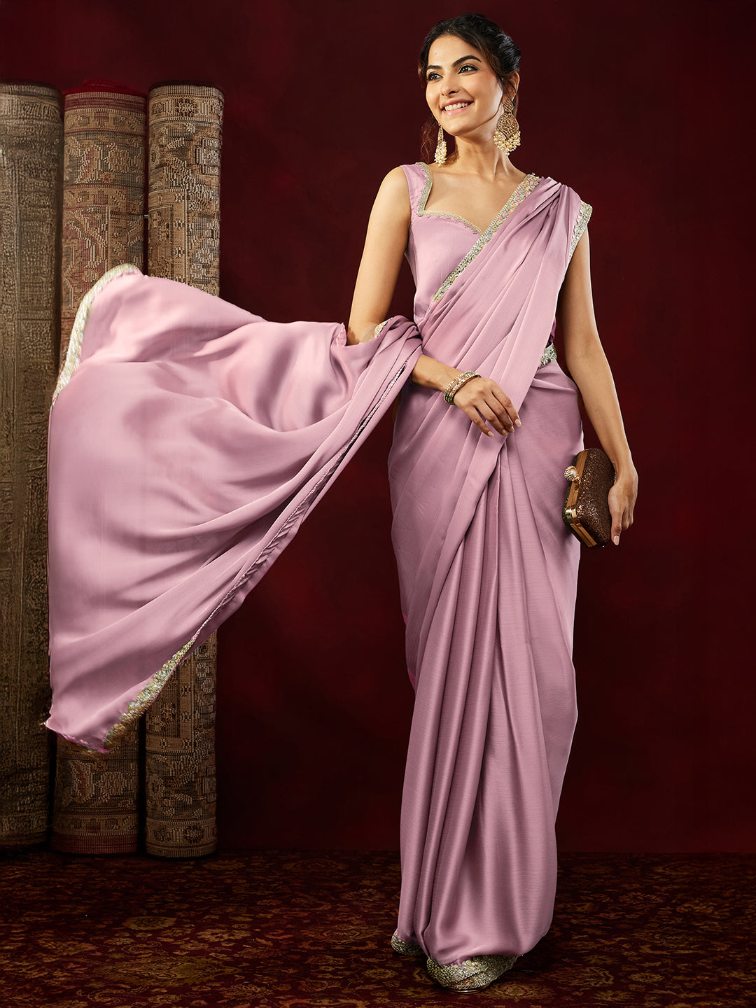 Janasya Women's Powder Pink Silk Blend One-Minute Ready-to-Wear Embellished Saree with Unstitched Blouse