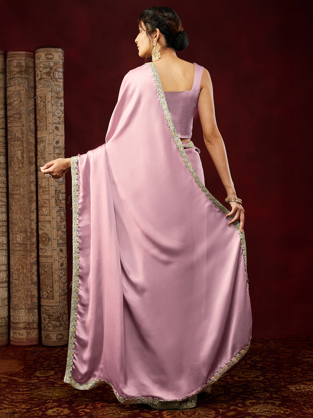 Janasya Women's Powder Pink Silk Blend One-Minute Ready-to-Wear Embellished Saree with Unstitched Blouse