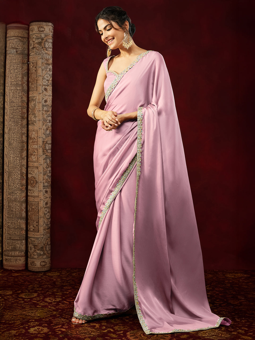 Janasya Women's Powder Pink Silk Blend Ready To Wear Embellished Saree with Unstitched Blouse